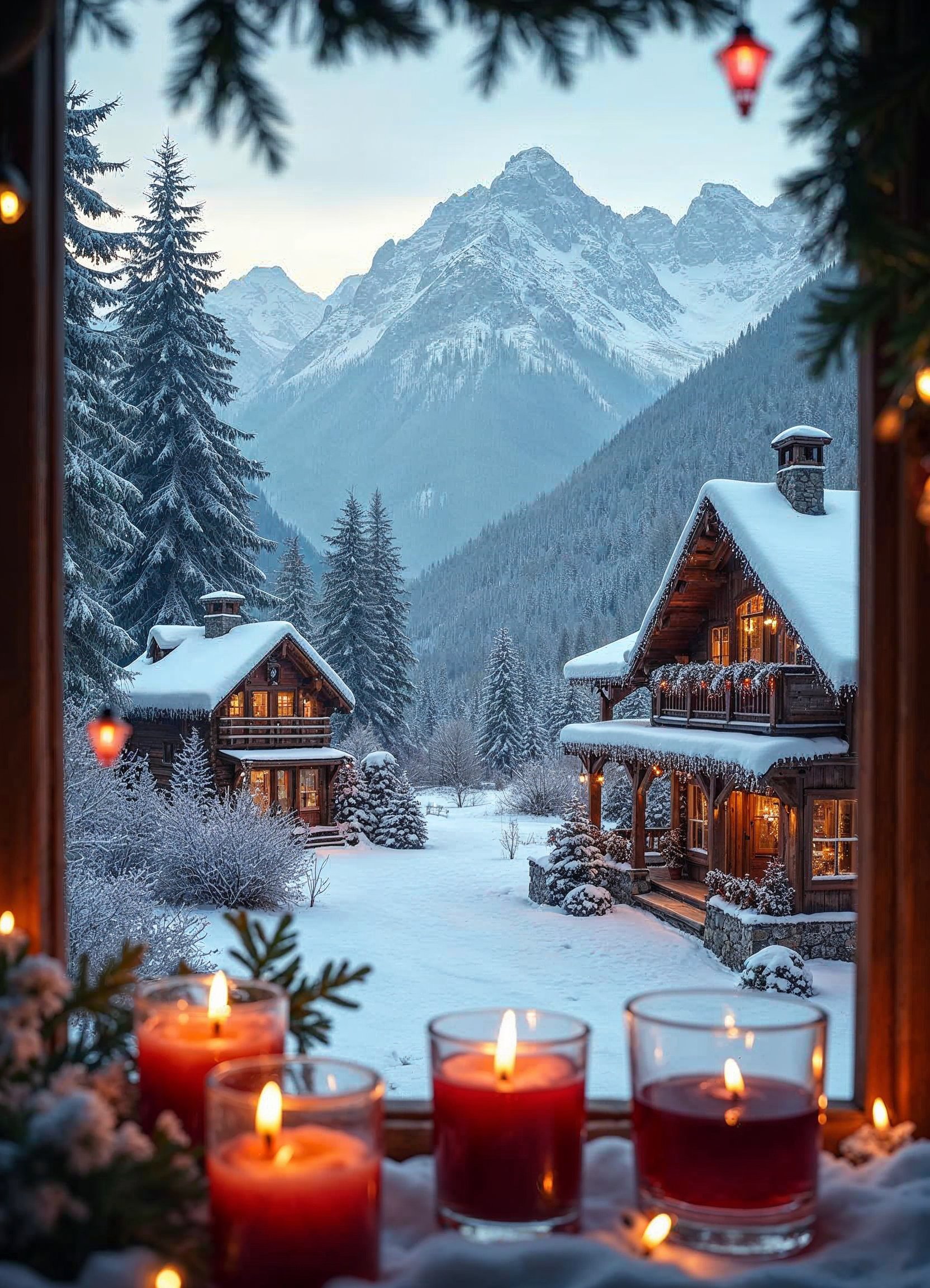 Winter cabin view with mountains and flickering candles Winter cabin view with mountains and flickering candles