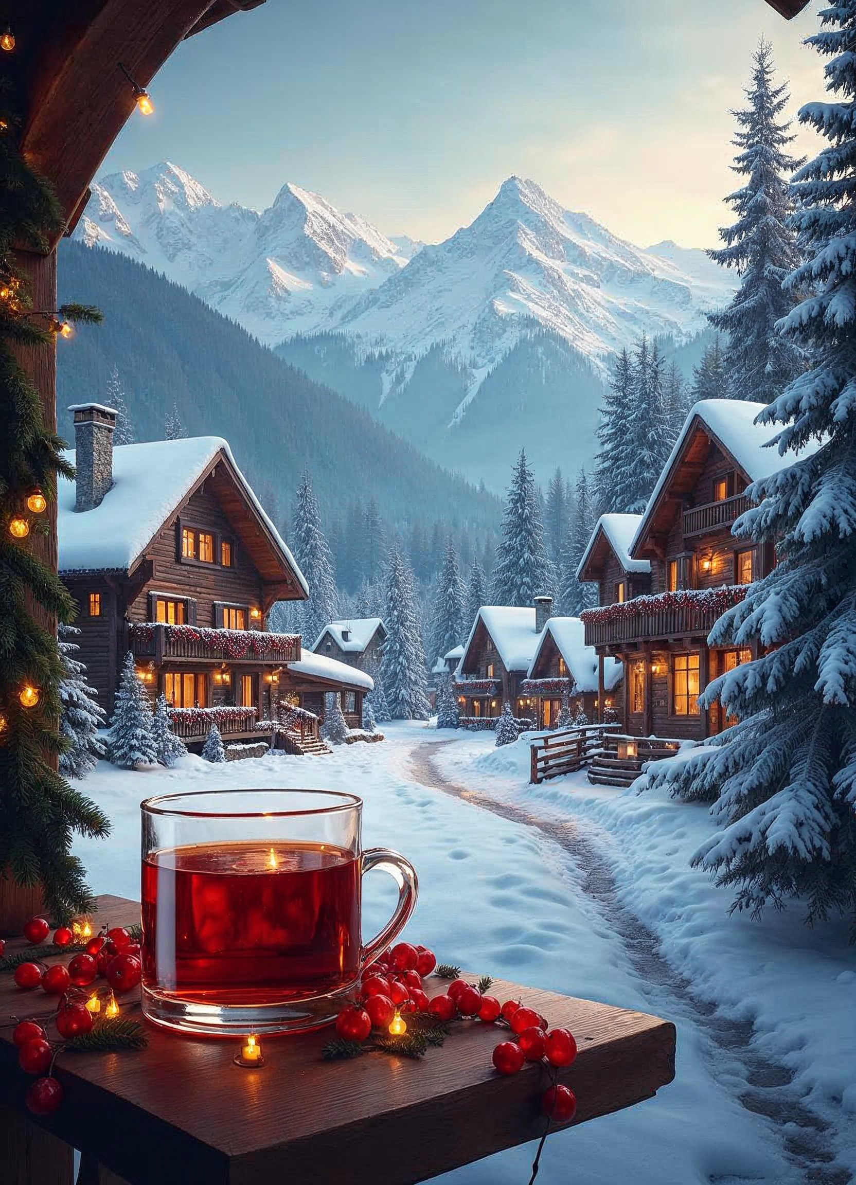 Charming winter village with a cup of warm beverage Charming winter village with a cup of warm beverage