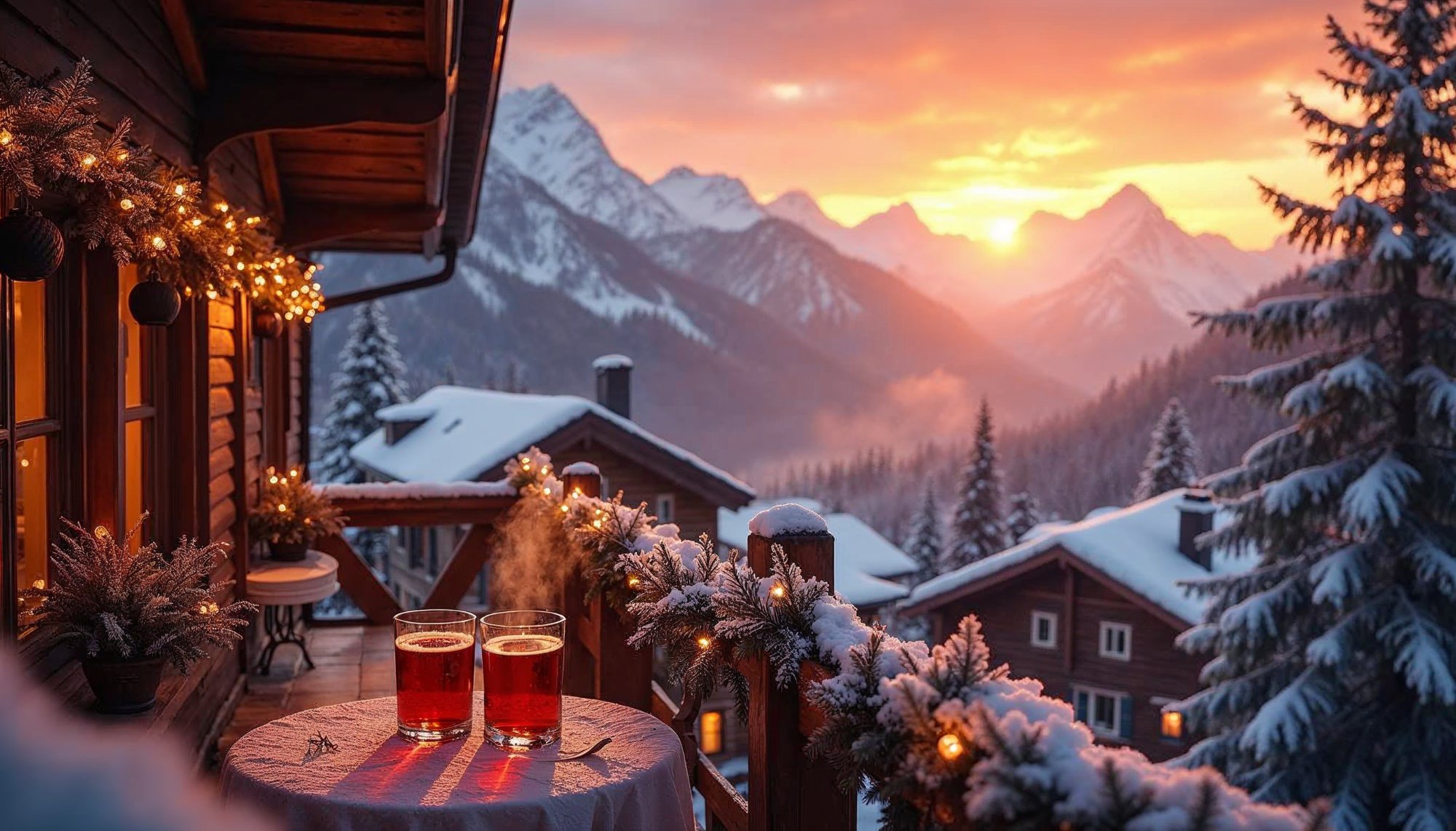 Cozy winter evening with drinks and mountain view Cozy winter evening with drinks and mountain view