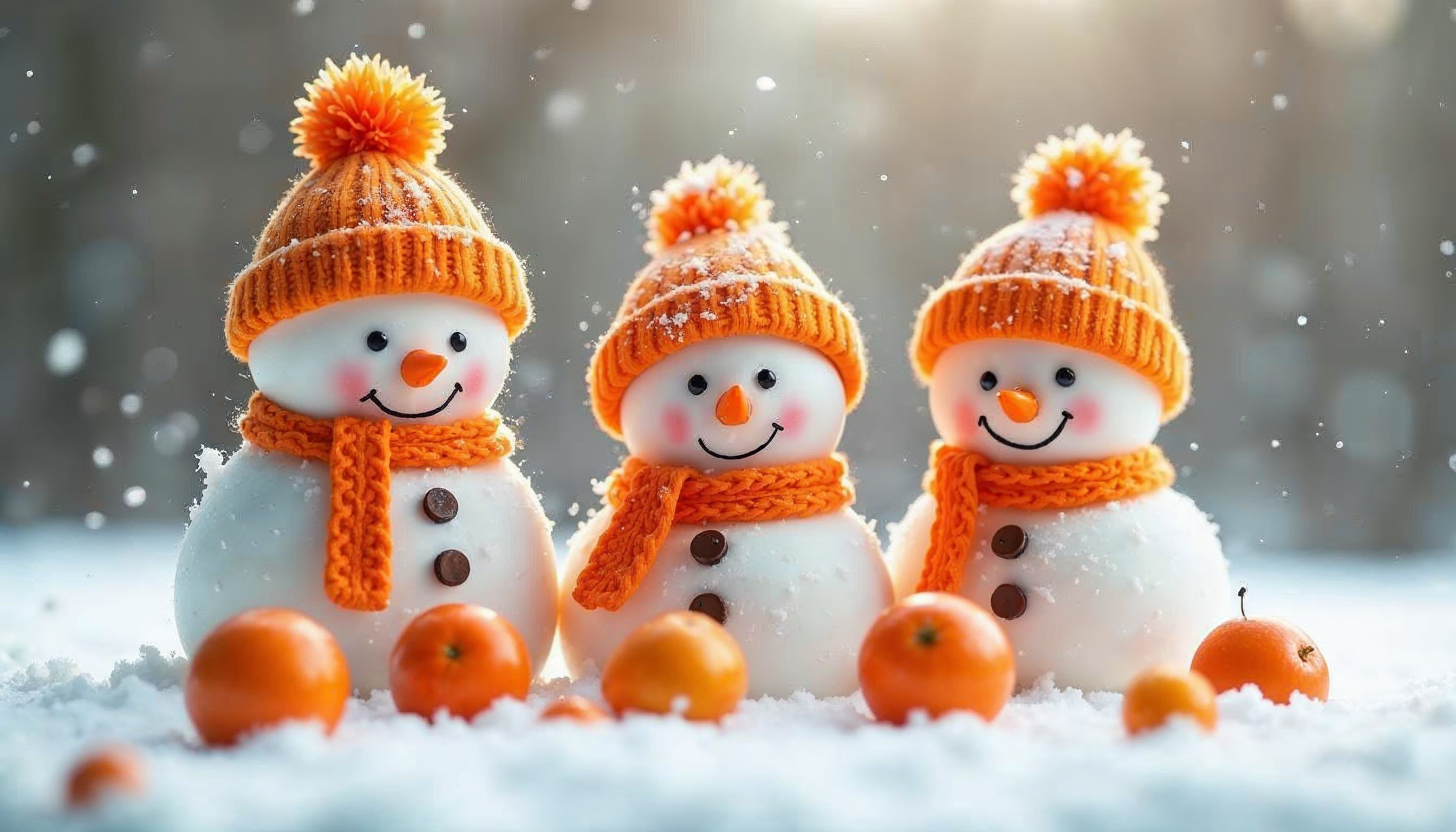 Snowmen with orange accessories and tangerines in winter Snowmen with orange accessories and tangerines in winter