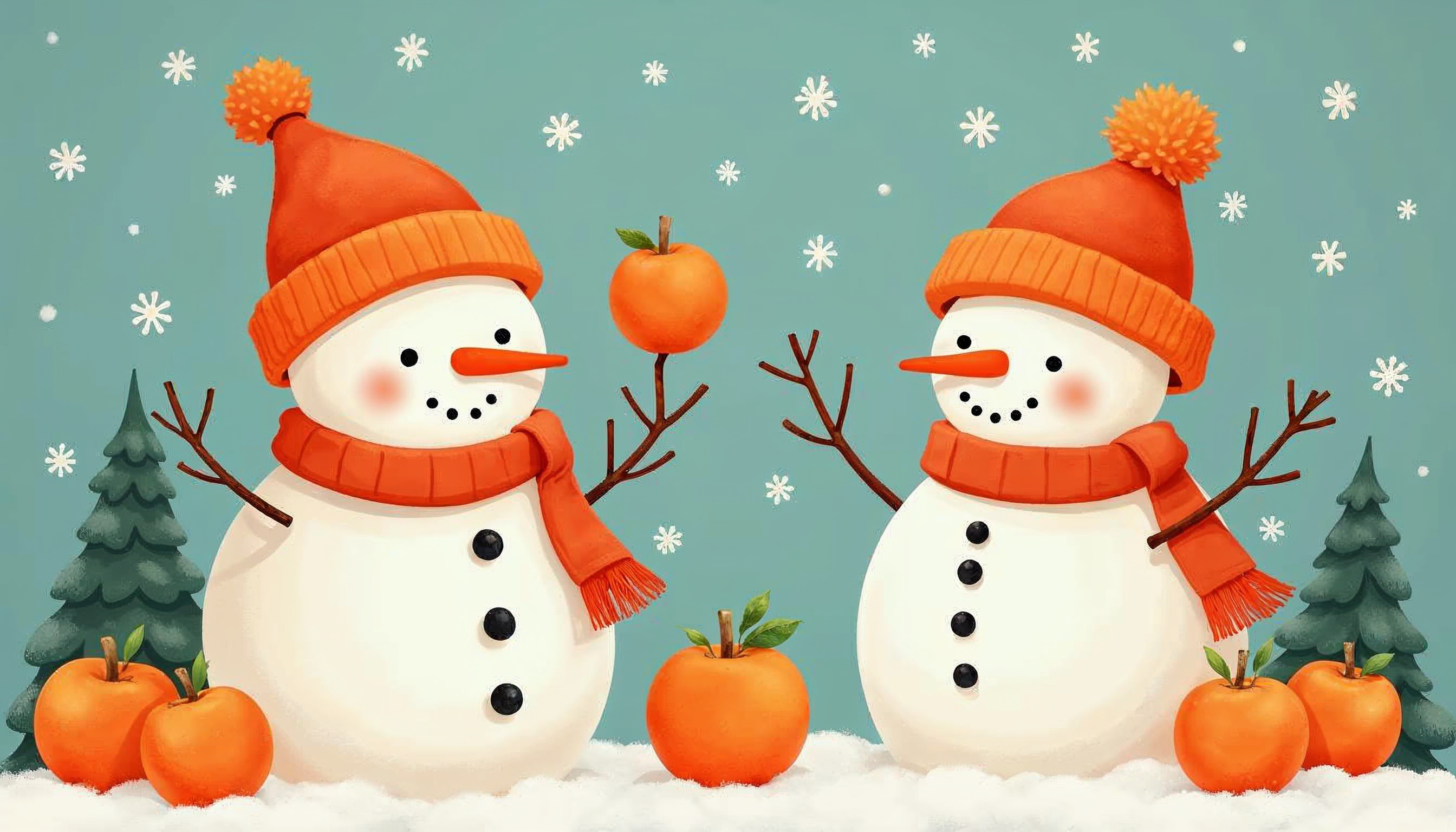 Snowmen celebrate winter with oranges in a snowy landscape Snowmen celebrate winter with oranges in a snowy landscape