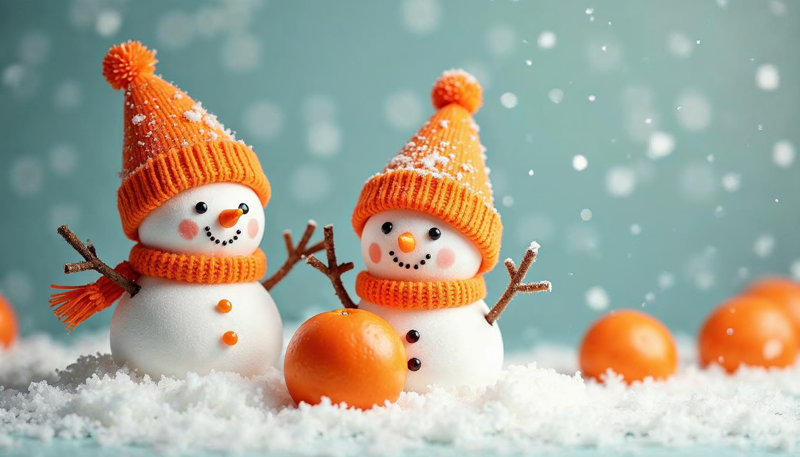 Snowmen play in the winter with oranges and snowflakes Snowmen play in the winter with oranges and snowflakes