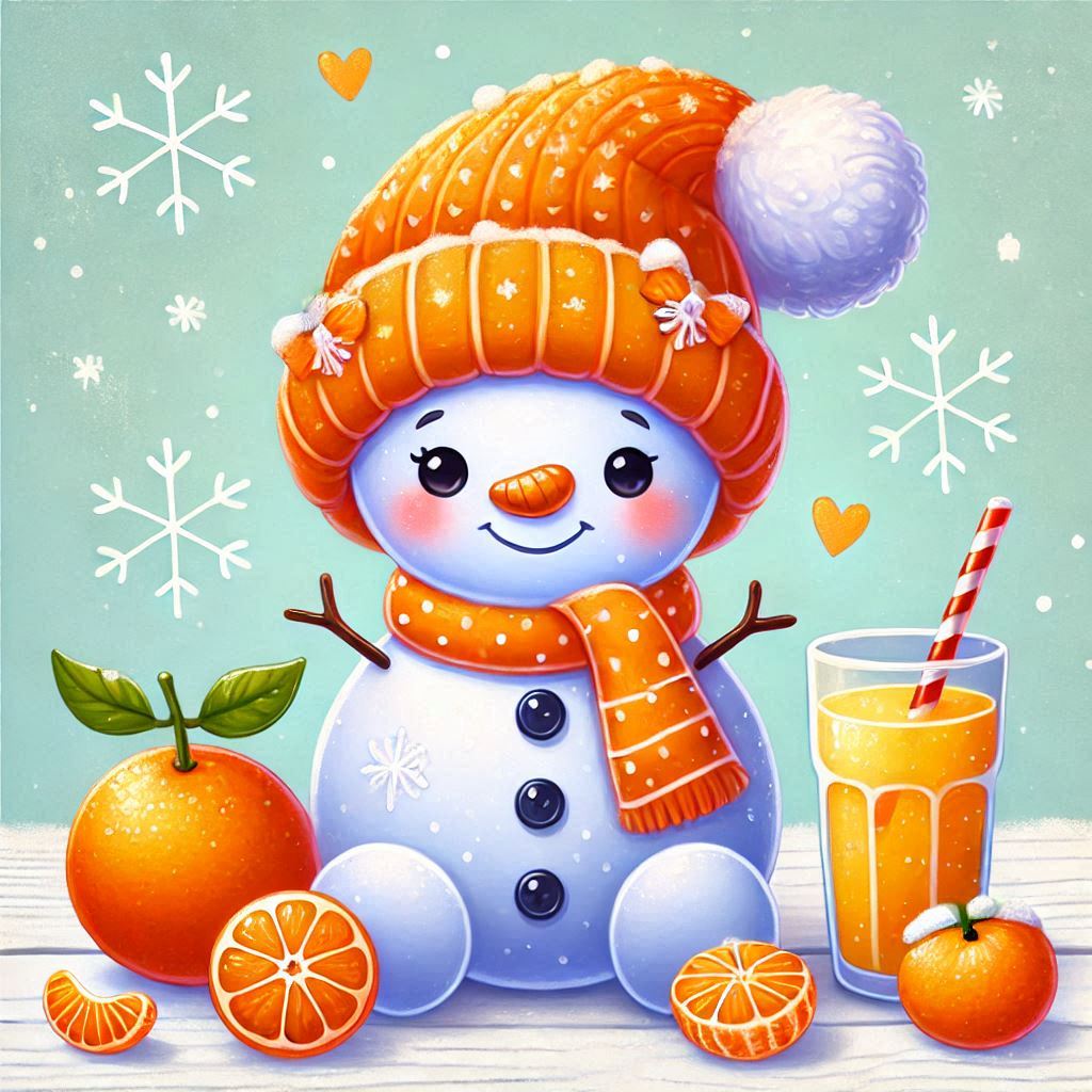 Cheerful snowman with oranges and juice in winter setting Cheerful snowman with oranges and juice in winter setting