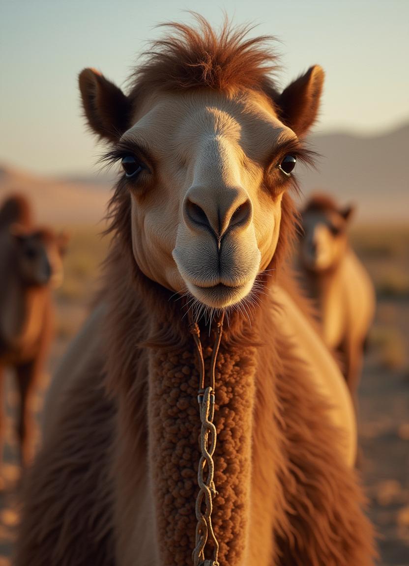 Camel with chain in desert at sunset with herd nearby Camel with chain in desert at sunset with herd nearby