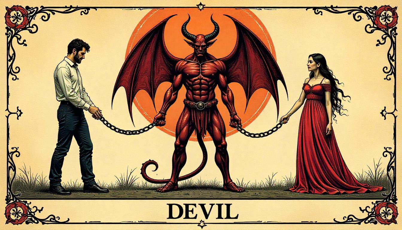 Devil stands between man and woman in dark artwork Devil stands between man and woman in dark artwork