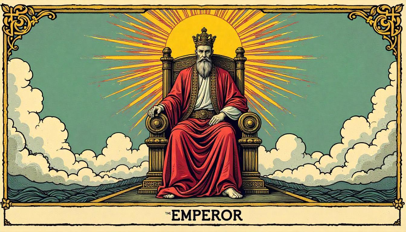 Majestic emperor seated on throne with radiant background Majestic emperor seated on throne with radiant background