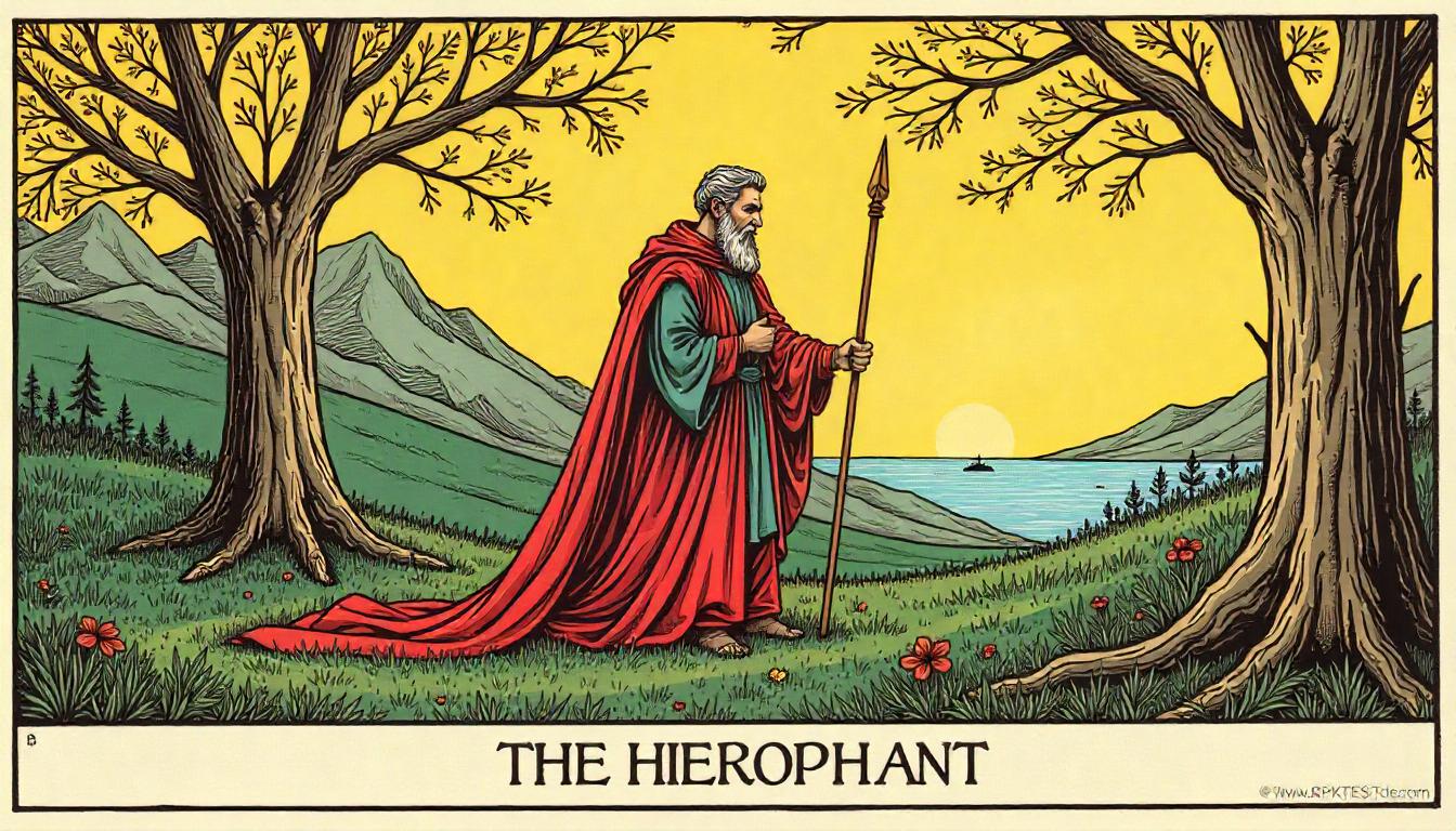 Hierophant stands at the water's edge in nature Hierophant stands at the water's edge in nature