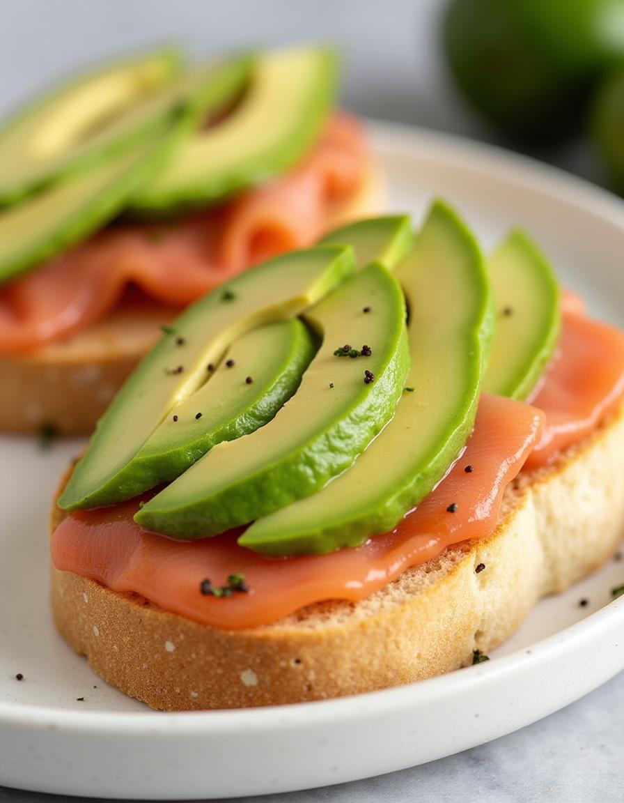 Slices of avocado and salmon atop toasted bread Slices of avocado and salmon atop toasted bread