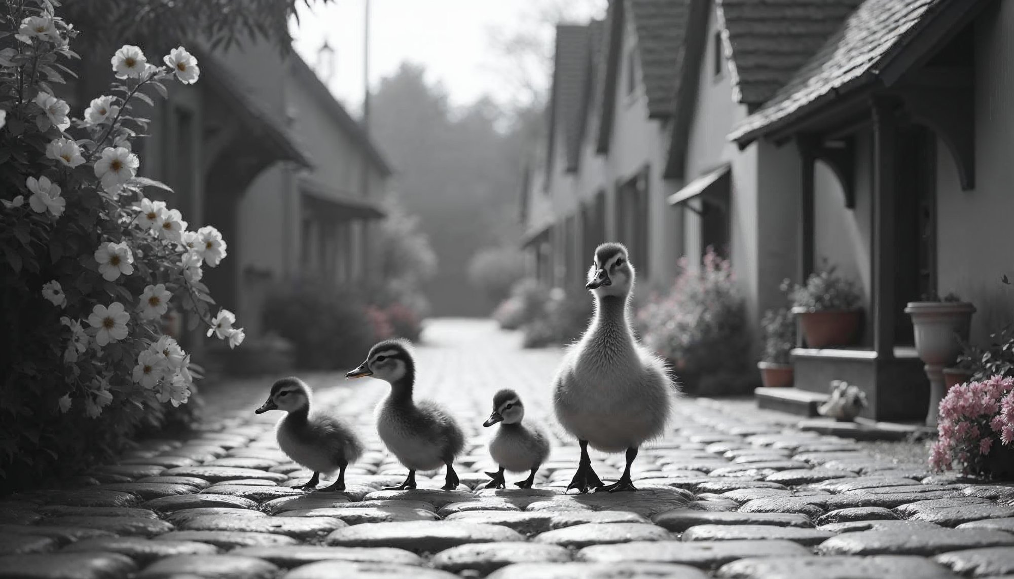 Ducklings stroll along a cobblestone path in the village Ducklings stroll along a cobblestone path in the village