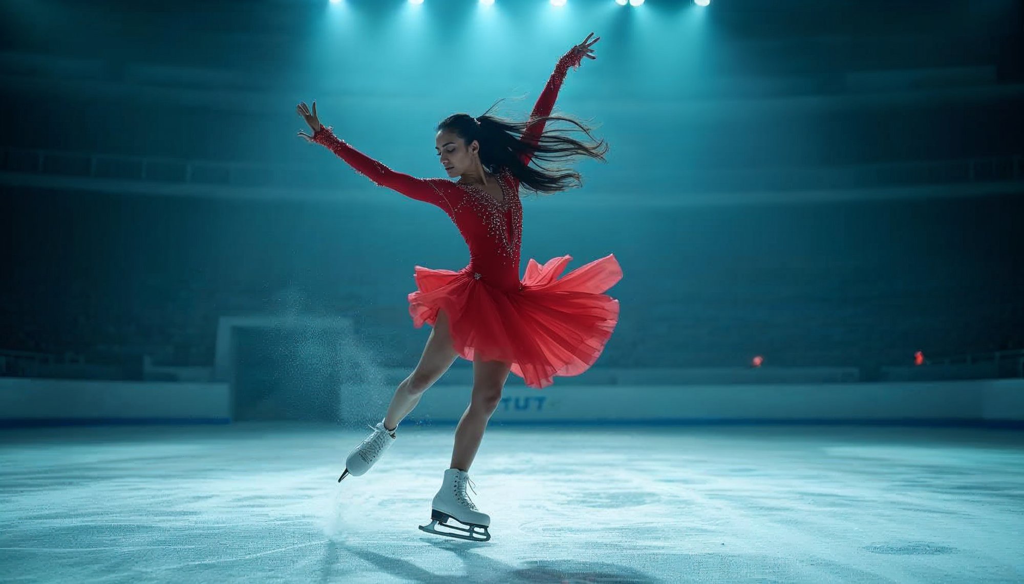 Female figure skater performs gracefully on ice rink Female figure skater performs gracefully on ice rink