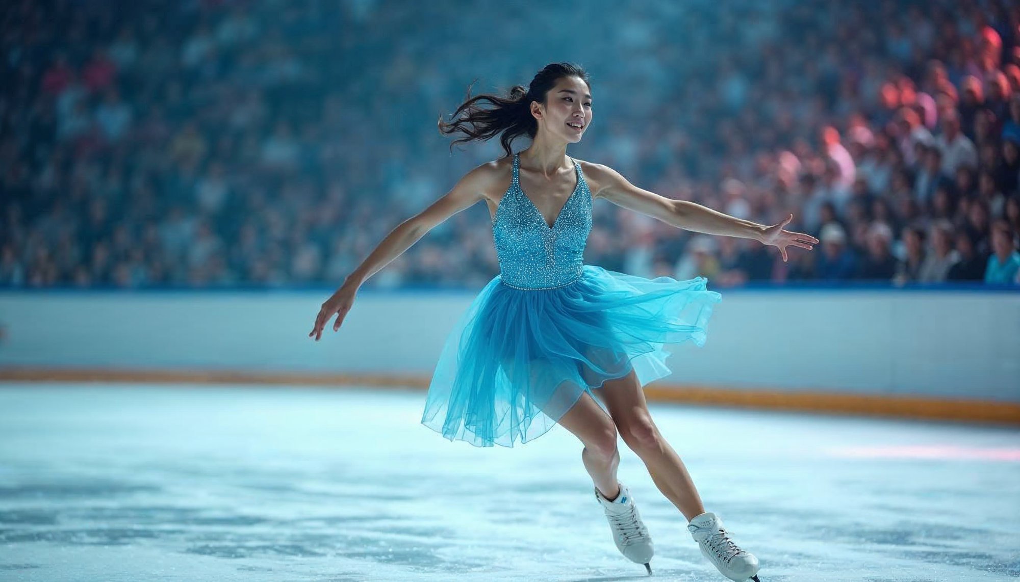 Skater performs elegant routine in vibrant blue costume Skater performs elegant routine in vibrant blue costume