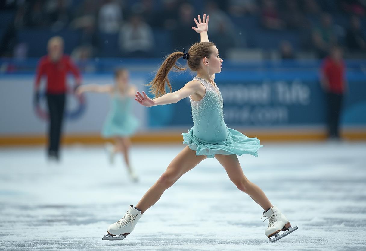 Young figure skater performs gracefully on ice rink Young figure skater performs gracefully on ice rink