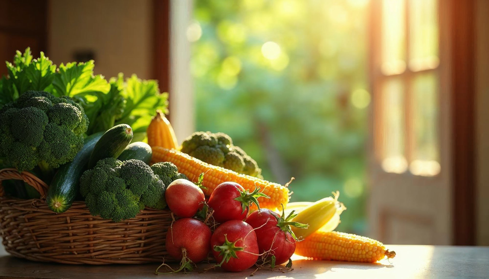 Fresh vegetables in a basket on a sunny morning Fresh vegetables in a basket on a sunny morning