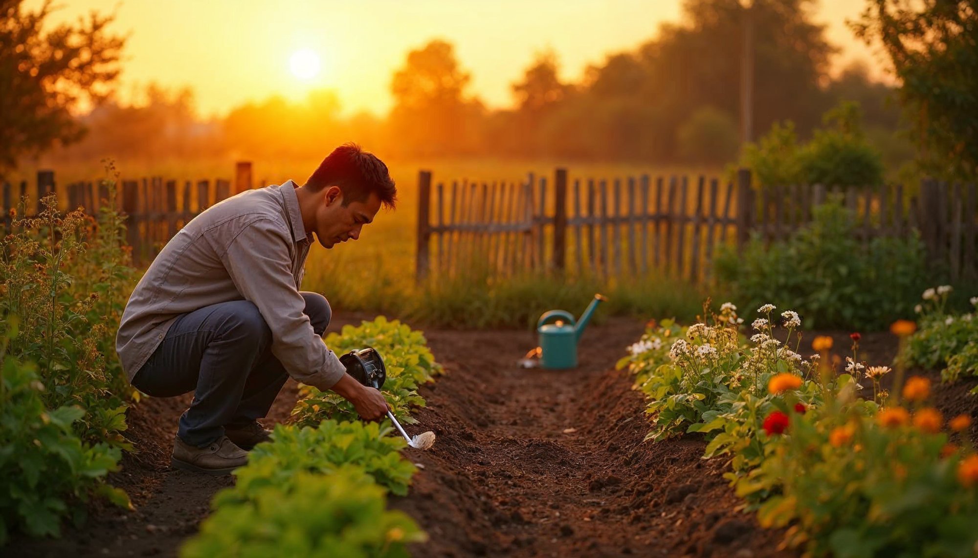 Gardener tending to plants during sunset in a rural setting Gardener tending to plants during sunset in a rural setting