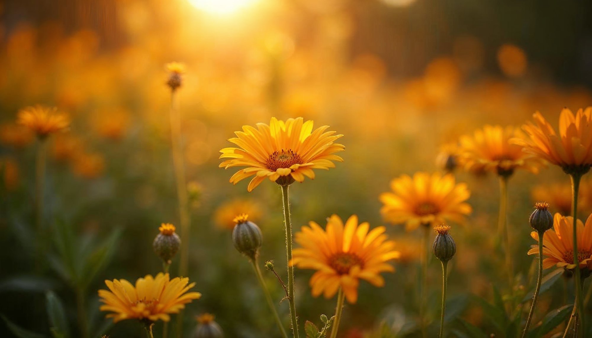 Beautiful yellow flowers blooming at sunset in a meadow Beautiful yellow flowers blooming at sunset in a meadow