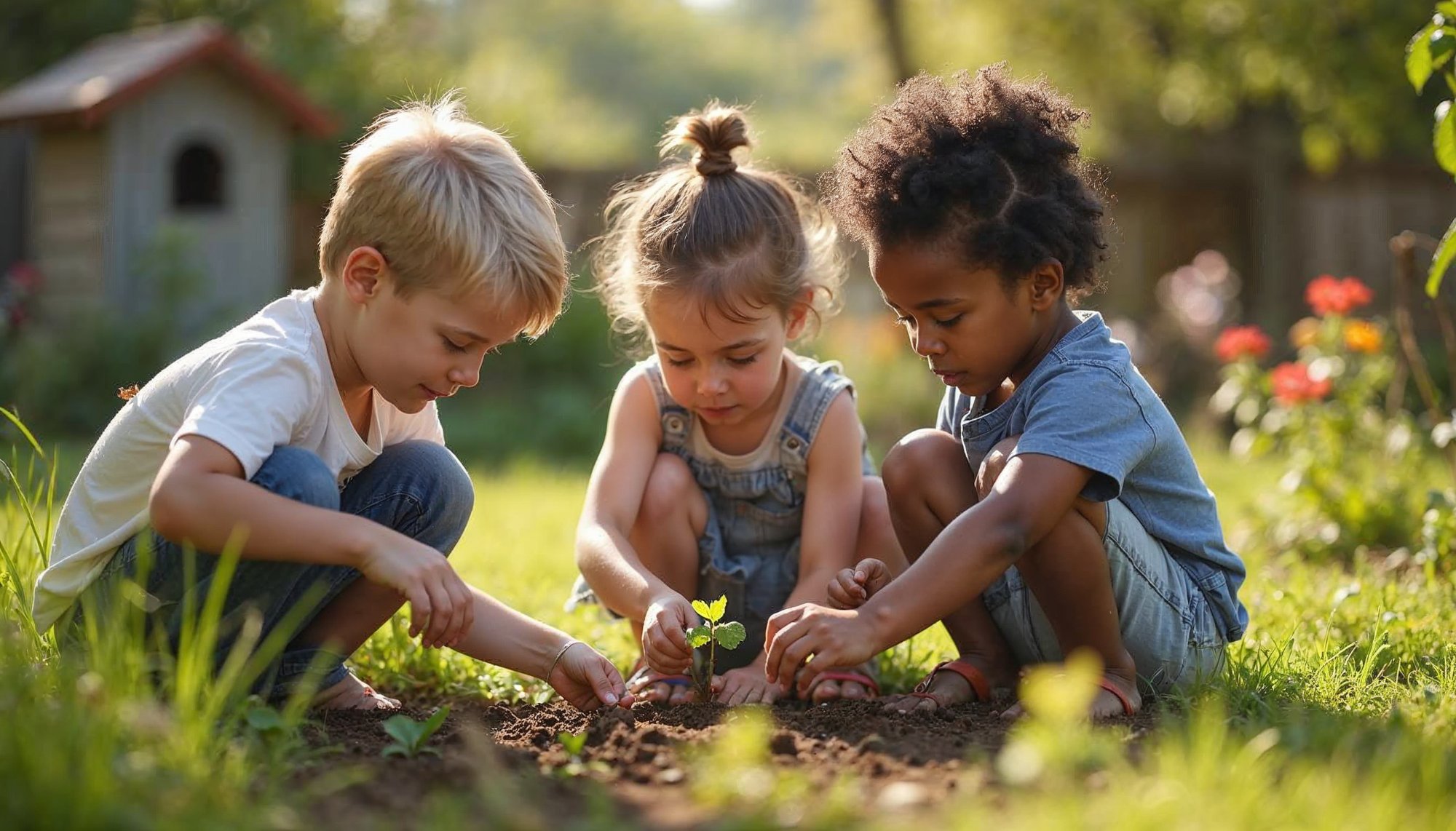 Children planting seeds in a sunny garden Children planting seeds in a sunny garden
