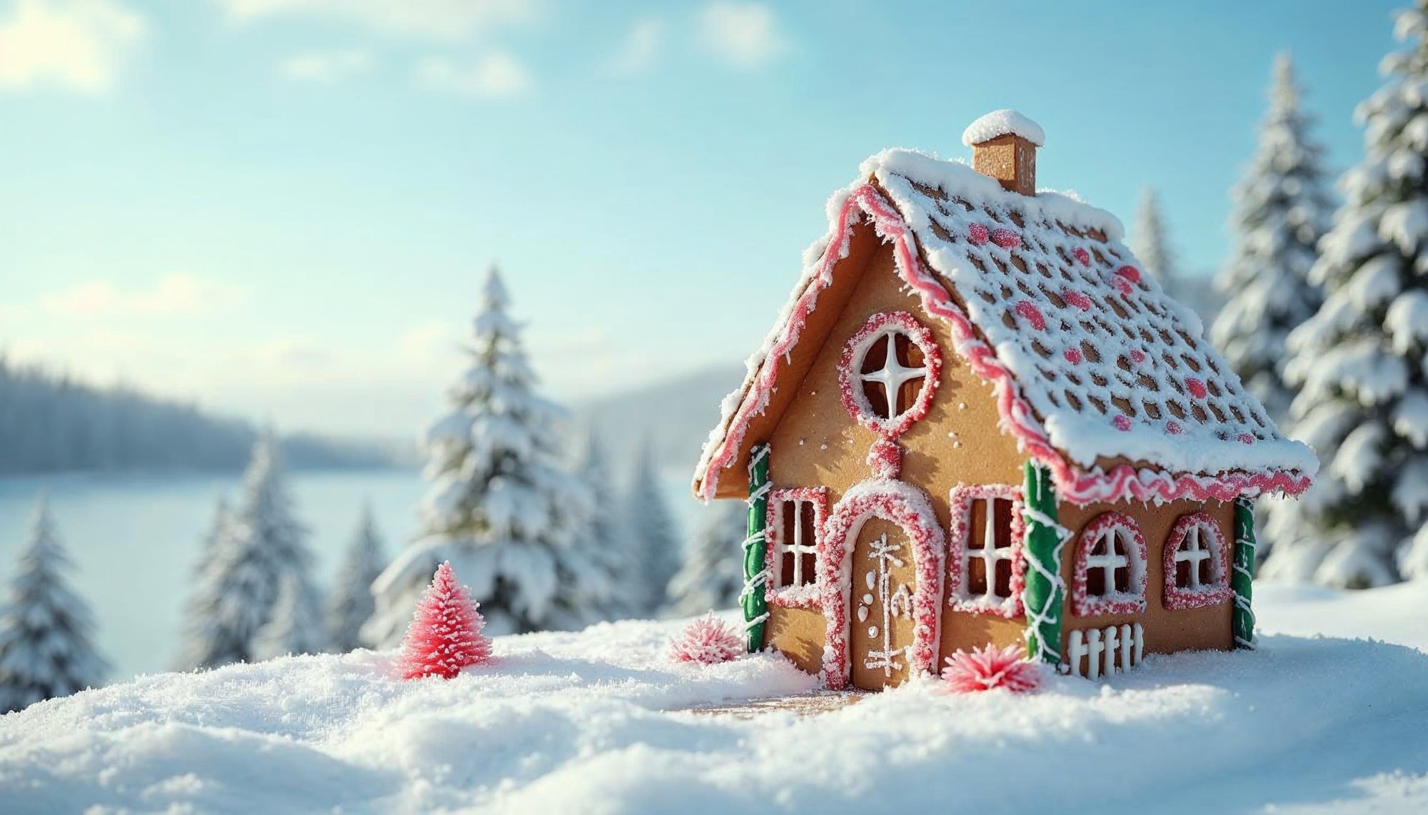 Gingerbread house nestled in a snowy winter landscape Gingerbread house nestled in a snowy winter landscape