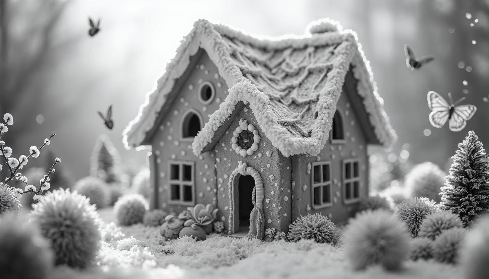 Beautiful gingerbread house in winter wonderland setting Beautiful gingerbread house in winter wonderland setting