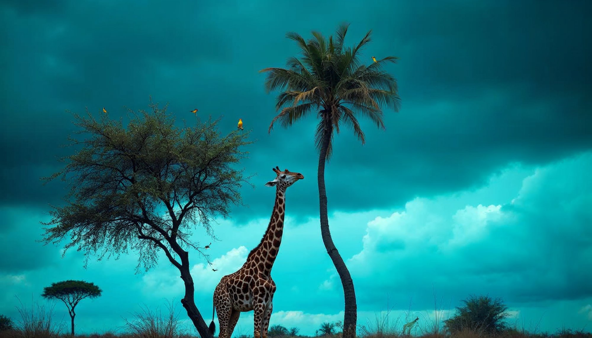 Giraffe grazing under stormy skies near palm trees Giraffe grazing under stormy skies near palm trees