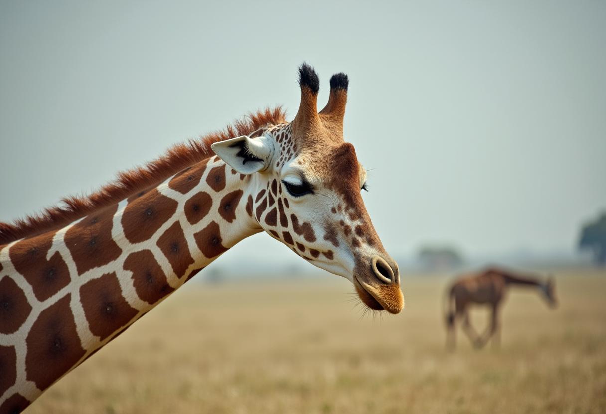 Giraffe grazing in open savanna landscape during day Giraffe grazing in open savanna landscape during day