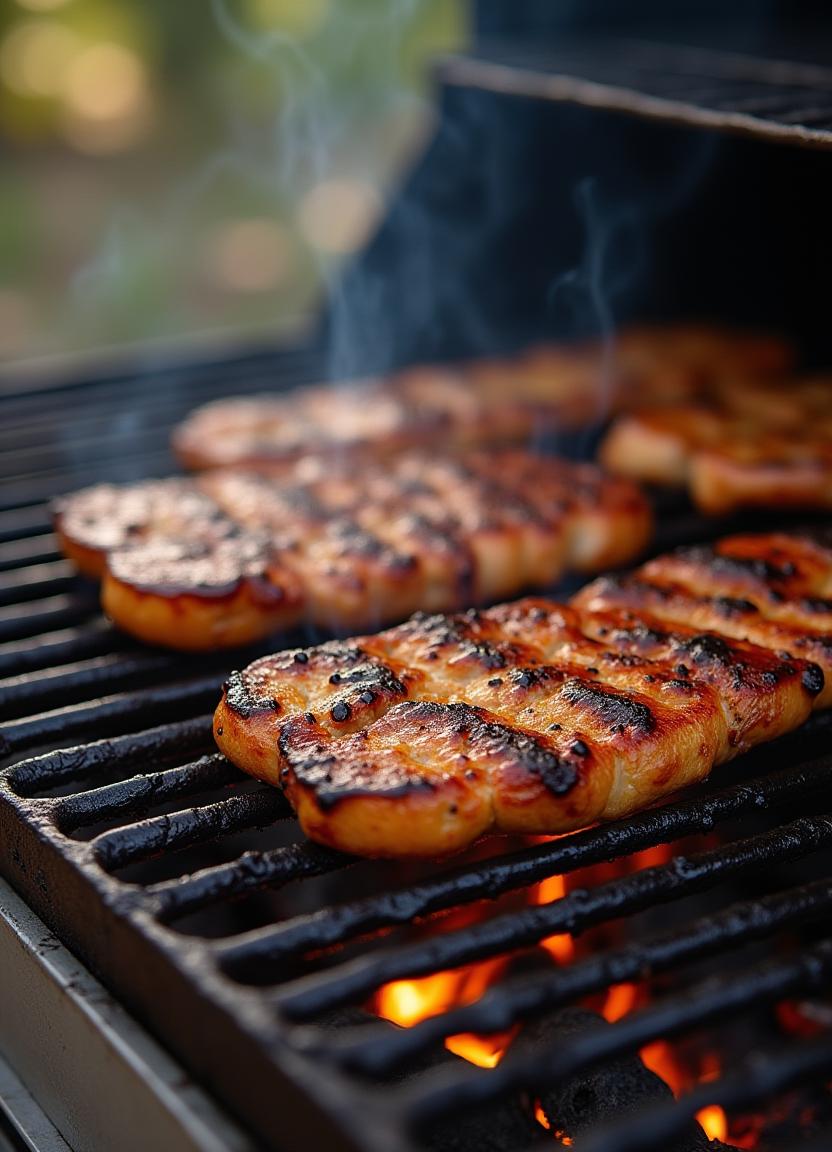 Grilled chicken steaks cooking on an outdoor barbecue Grilled chicken steaks cooking on an outdoor barbecue