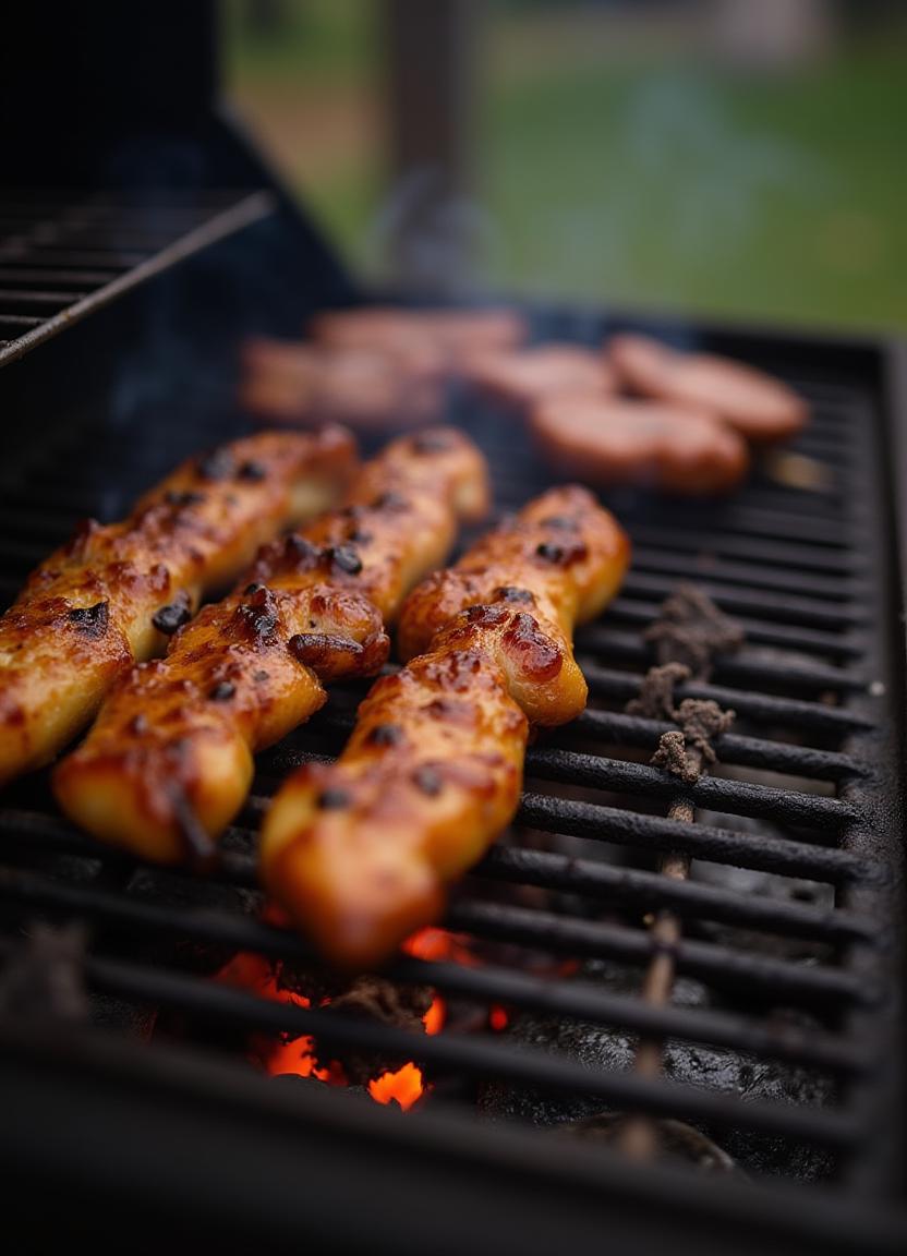 Grilling chicken and sausages on a summer evening Grilling chicken and sausages on a summer evening