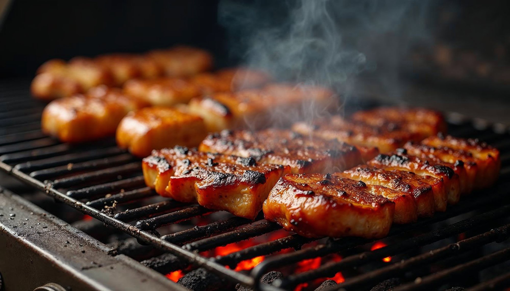 Grilling flavorful meat on a barbecue grill at sunset Grilling flavorful meat on a barbecue grill at sunset