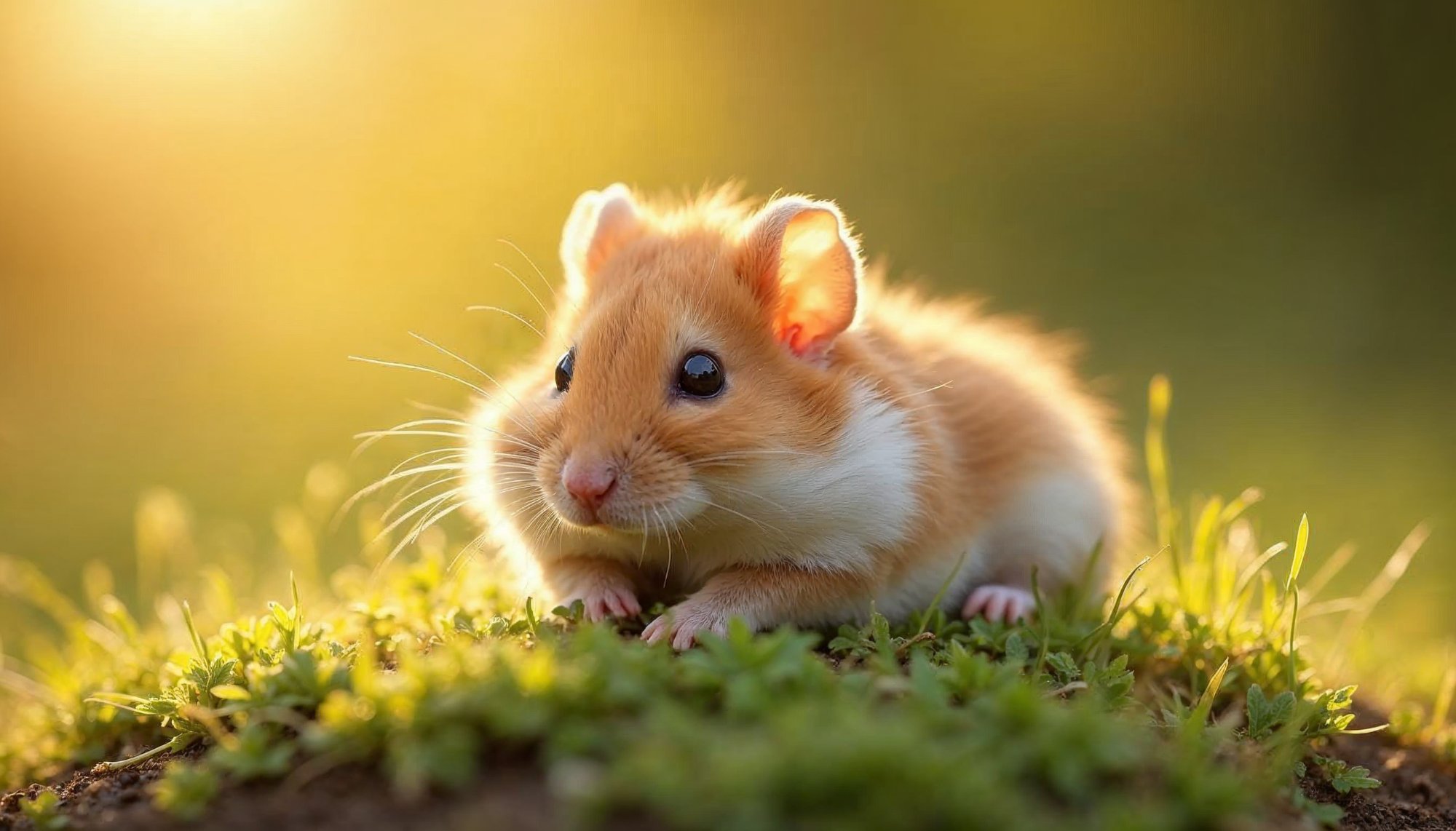 Cute hamster resting on grass during sunset Cute hamster resting on grass during sunset