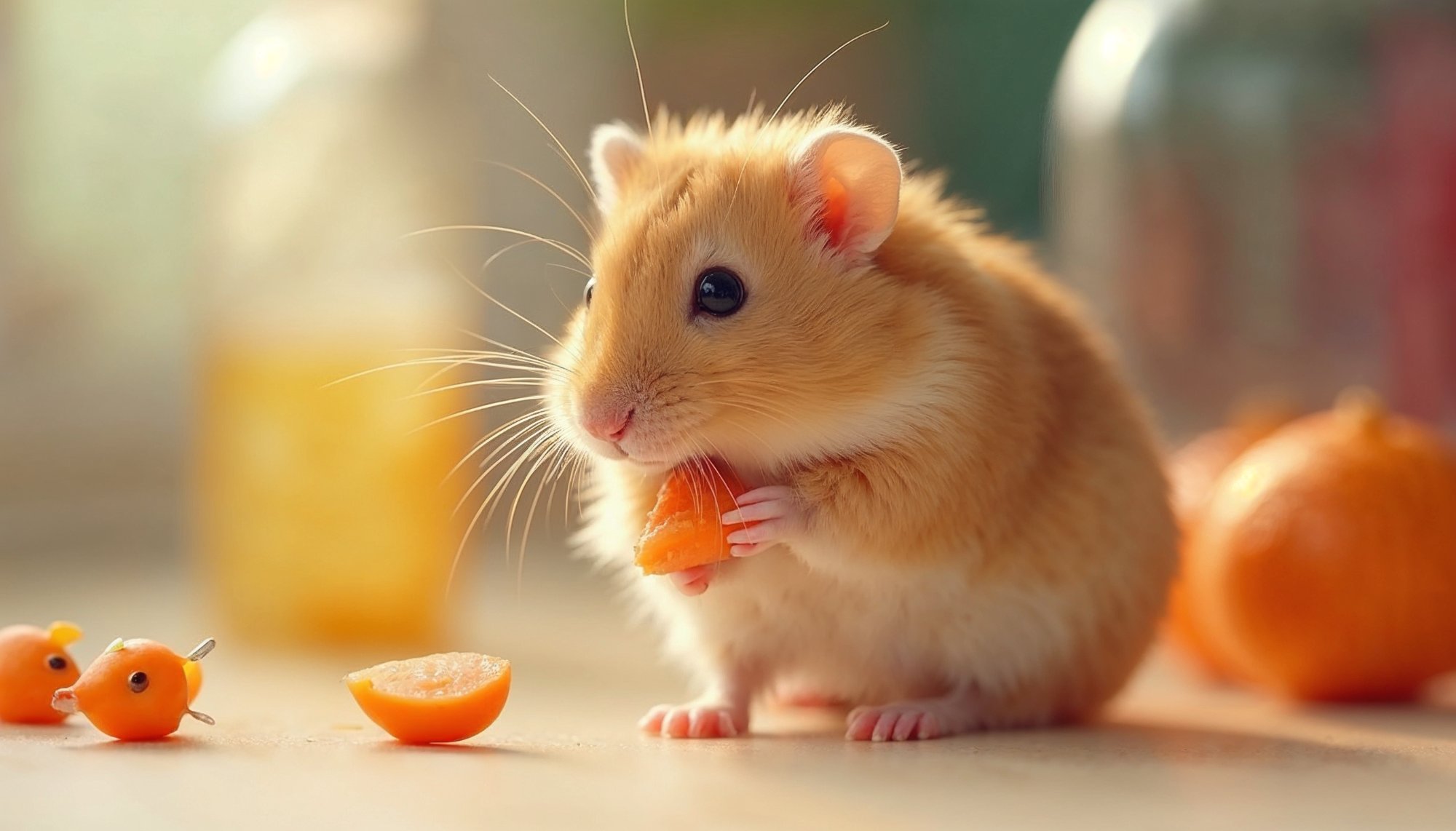 Hamster enjoys an orange slice in a cozy indoor setting Hamster enjoys an orange slice in a cozy indoor setting