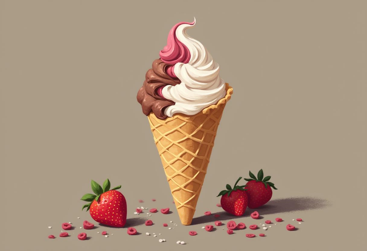 Swirled ice cream cone with fresh strawberries nearby Swirled ice cream cone with fresh strawberries nearby