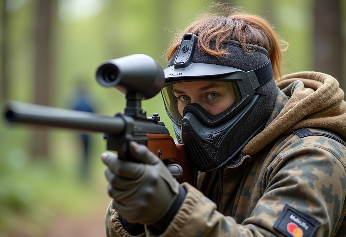 Person aiming with a marker gun in a wooded area Person aiming with a marker gun in a wooded area