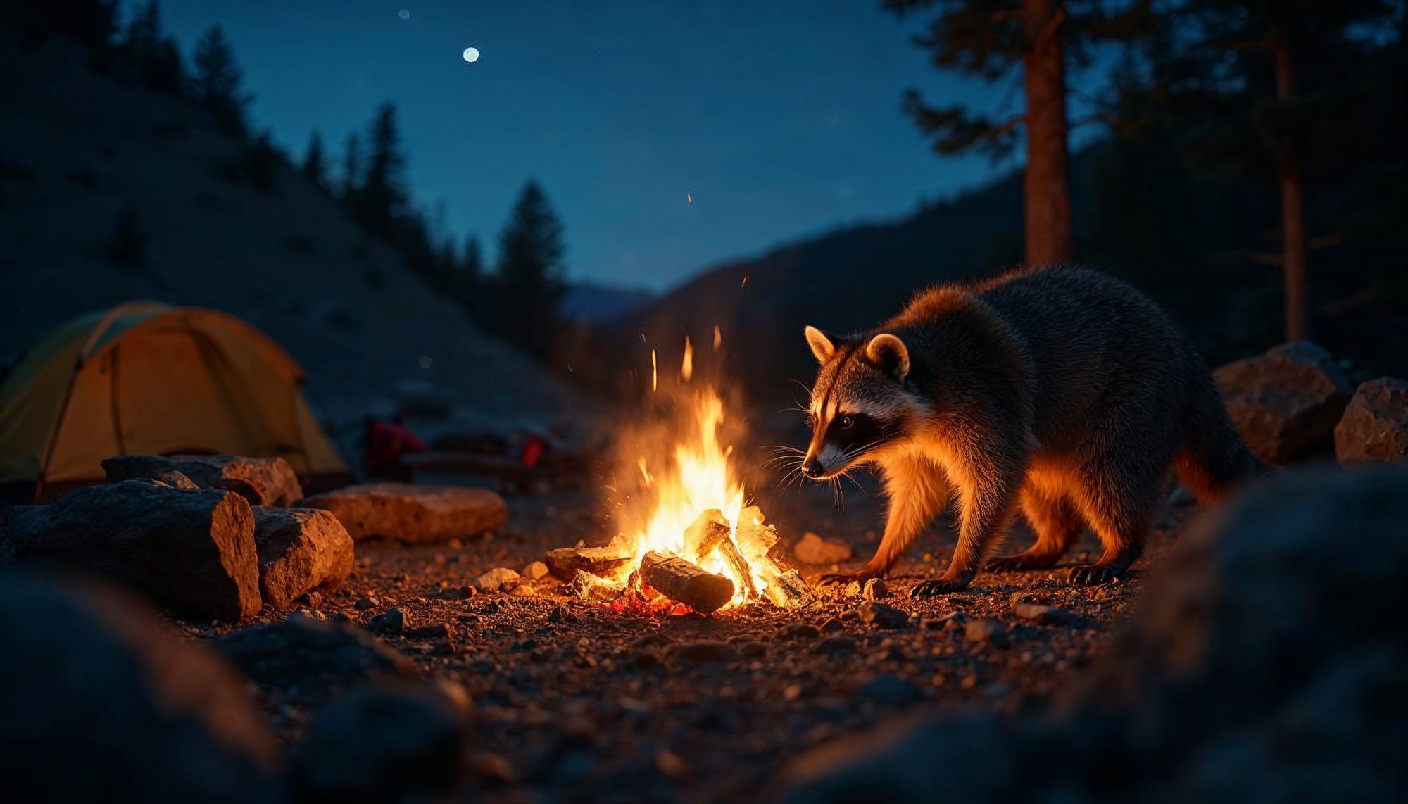 Raccoon visits campsite at night near a campfire Raccoon visits campsite at night near a campfire