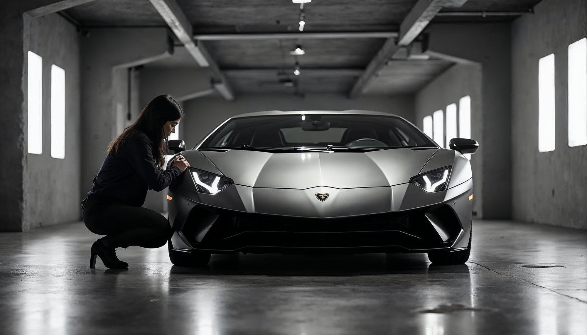 Woman admiring luxury car in industrial setting Woman admiring luxury car in industrial setting