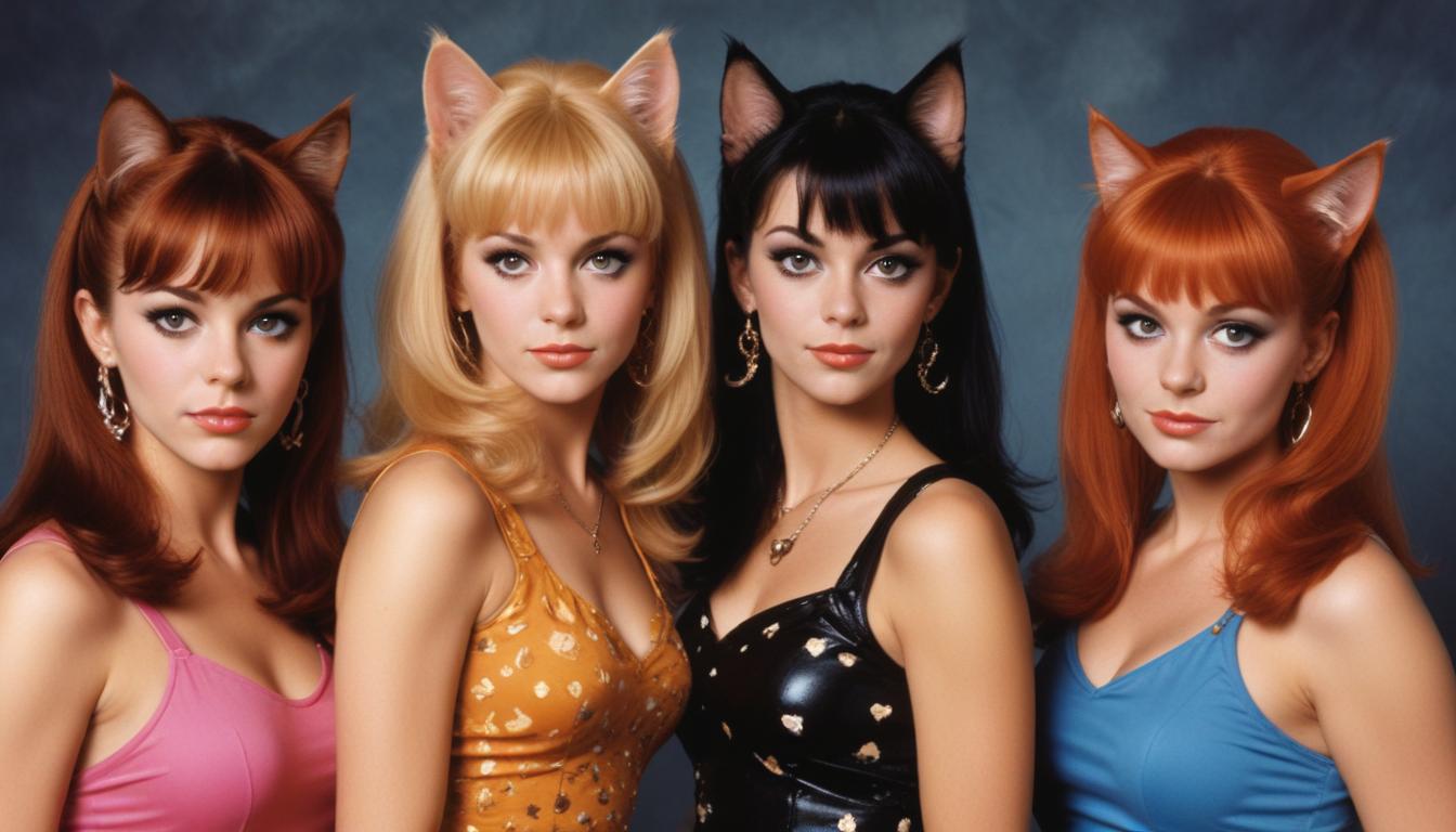 Four women with cat ears in colorful outfits pose together