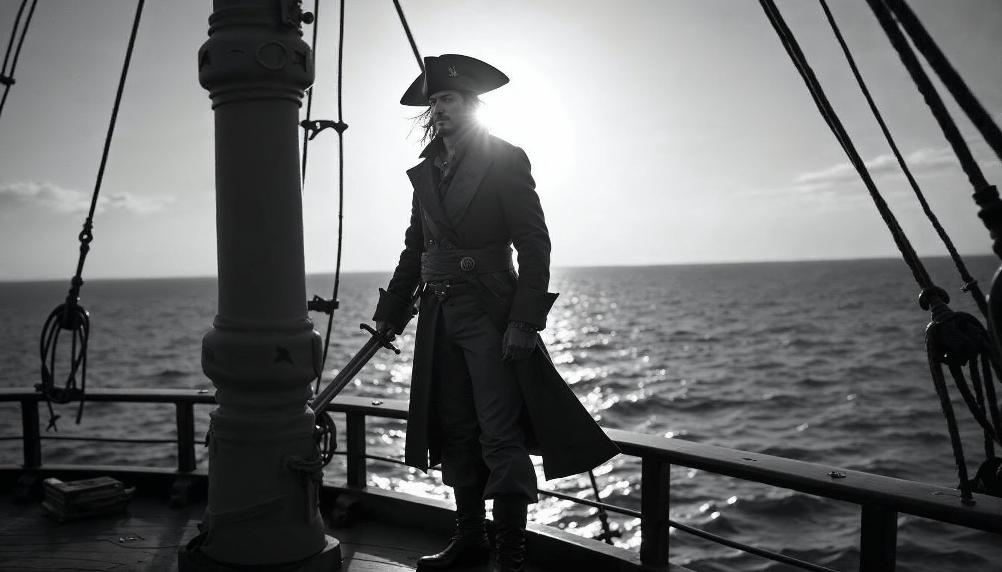 Pirate standing on a ship's deck against the sunset Pirate standing on a ship's deck against the sunset