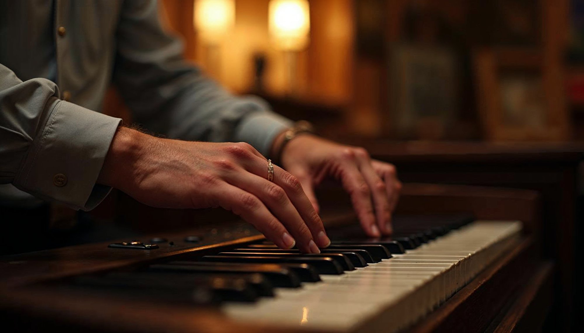 Pianist creates beautiful melodies in warm lighting Pianist creates beautiful melodies in warm lighting