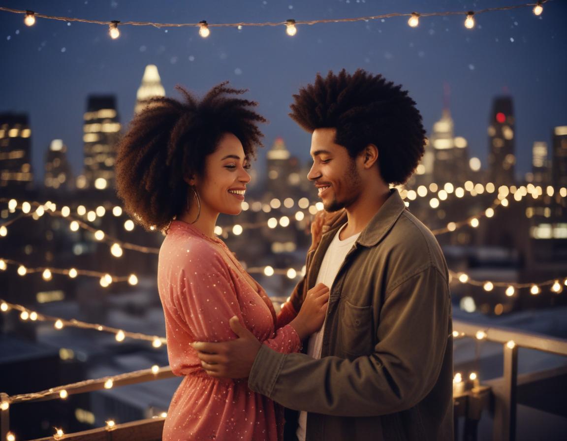 Romantic evening on a rooftop with city skyline lights Romantic evening on a rooftop with city skyline lights