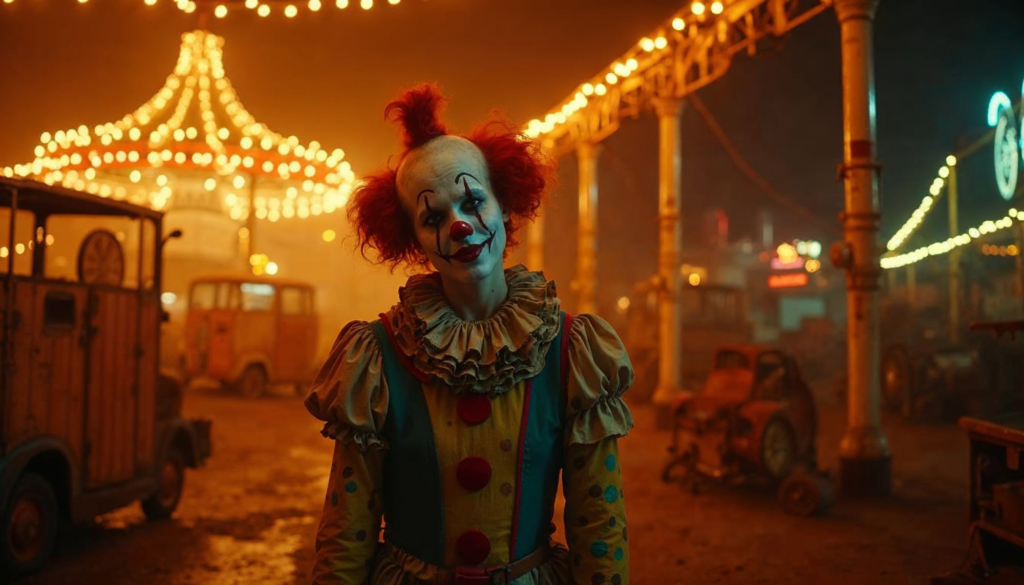 Clown stands alone at a deserted carnival at night Clown stands alone at a deserted carnival at night