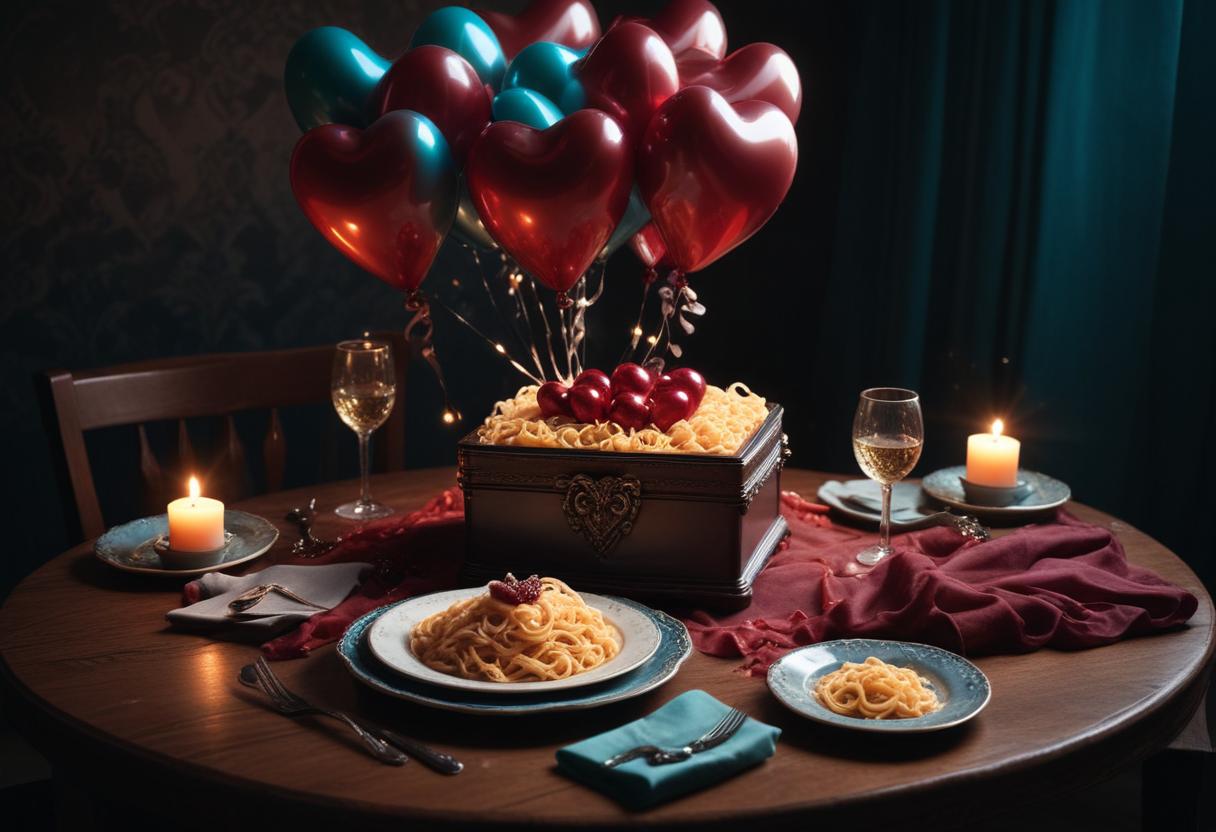 Romantic dinner setup with heart-shaped balloons and pasta Romantic dinner setup with heart-shaped balloons and pasta