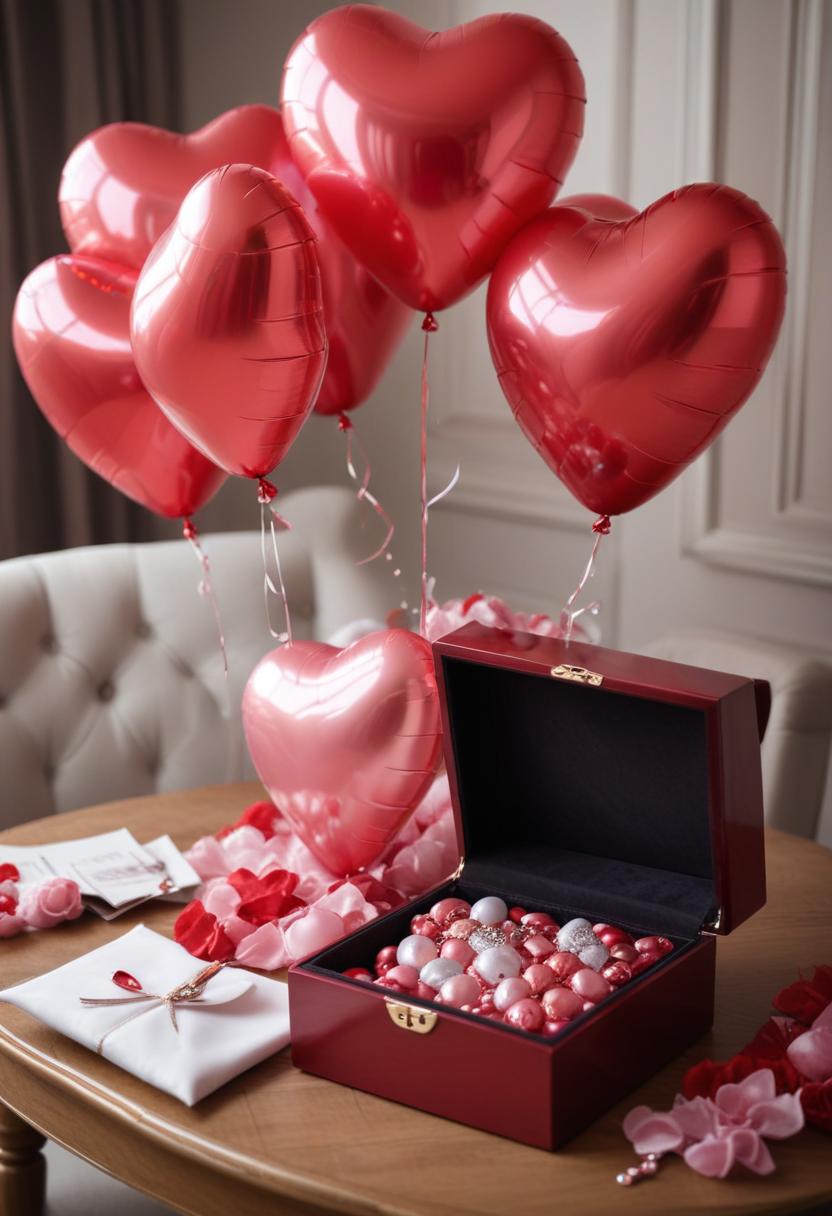 Romantic decorations with red balloons and gift box Romantic decorations with red balloons and gift box