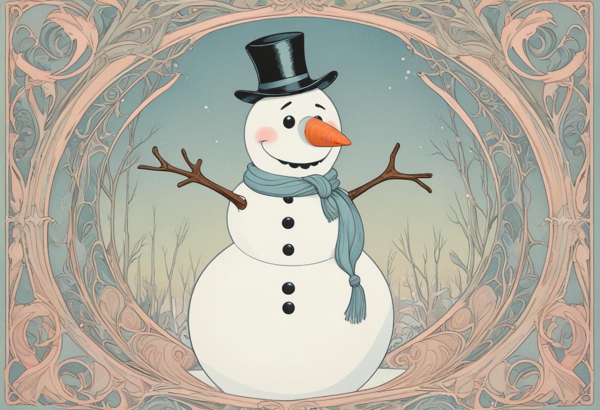 Snowman with a top hat and scarf in a winter landscape Snowman with a top hat and scarf in a winter landscape