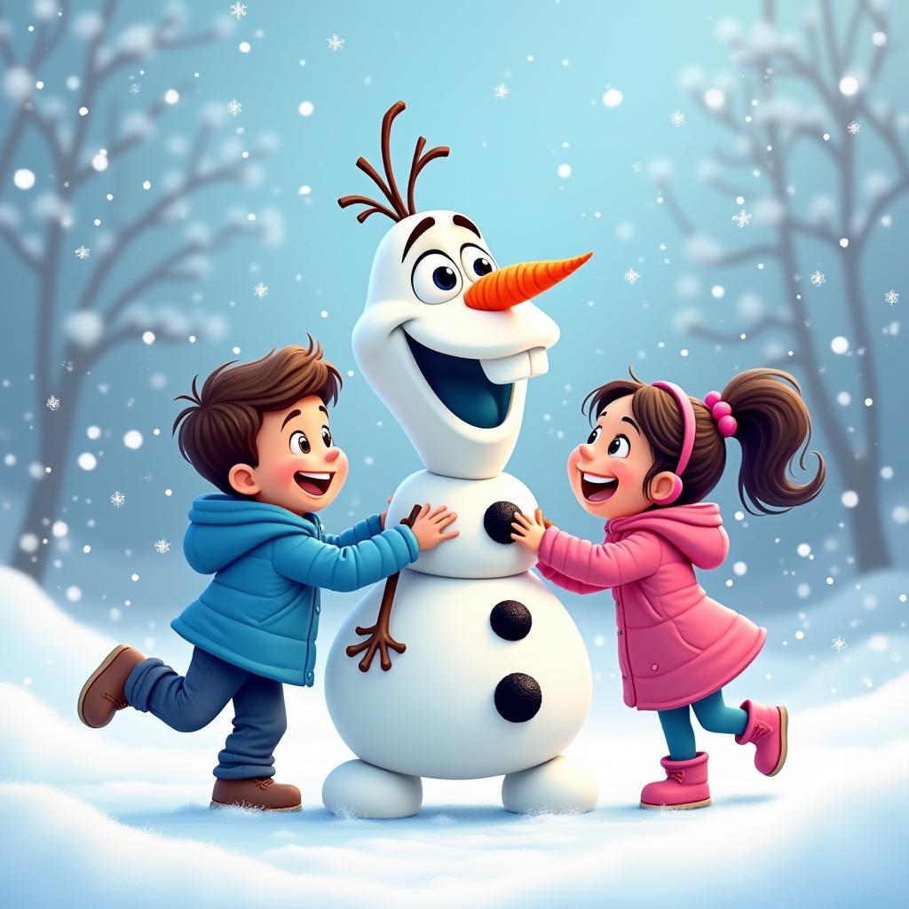 Children play joyfully with snowman in winter wonderland Children play joyfully with snowman in winter wonderland