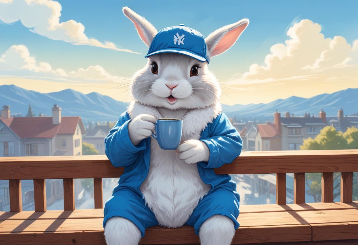 Rabbit in a blue outfit enjoying a drink on a balcony Rabbit in a blue outfit enjoying a drink on a balcony