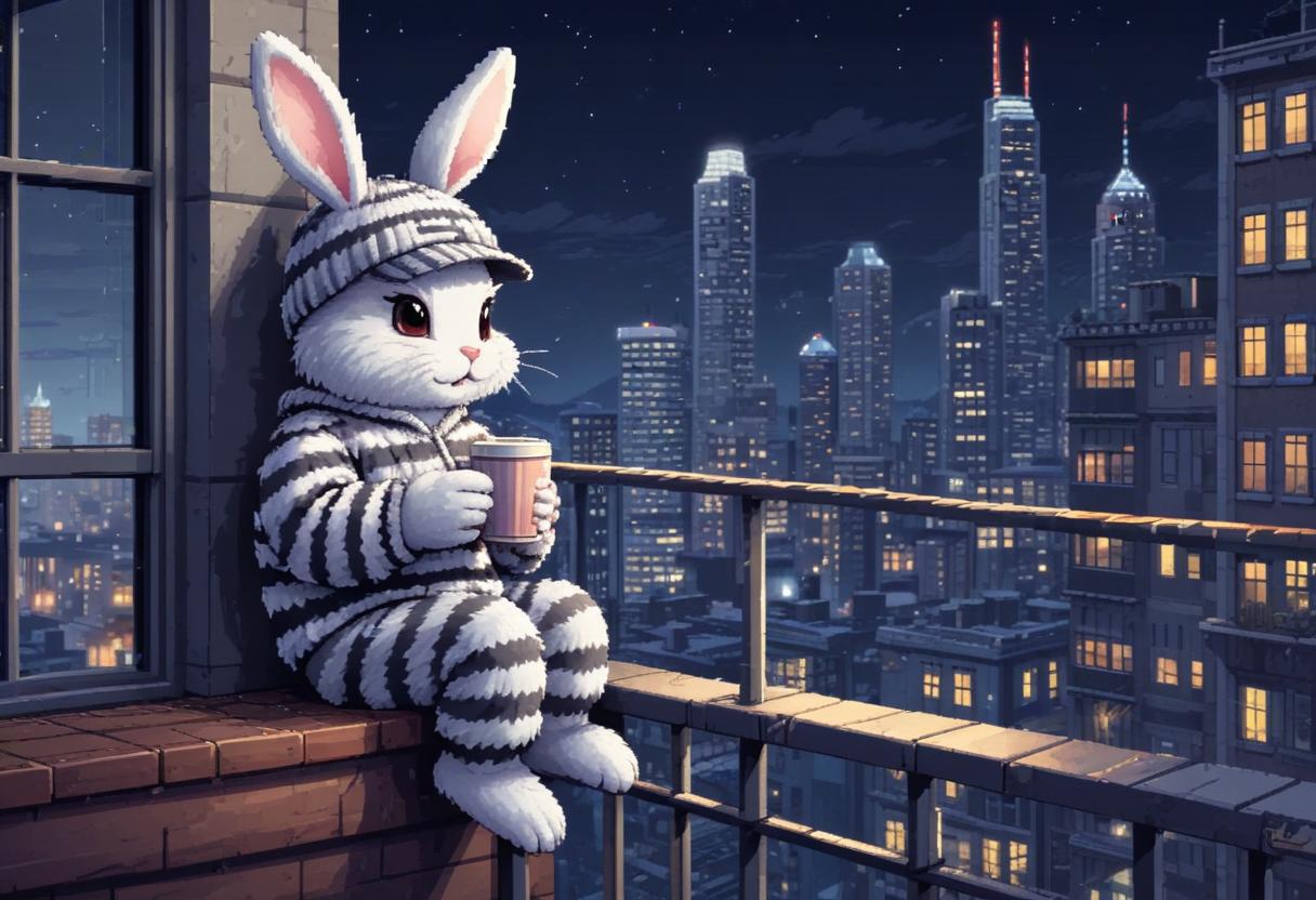 Cute rabbit enjoying a drink on a city balcony at night Cute rabbit enjoying a drink on a city balcony at night
