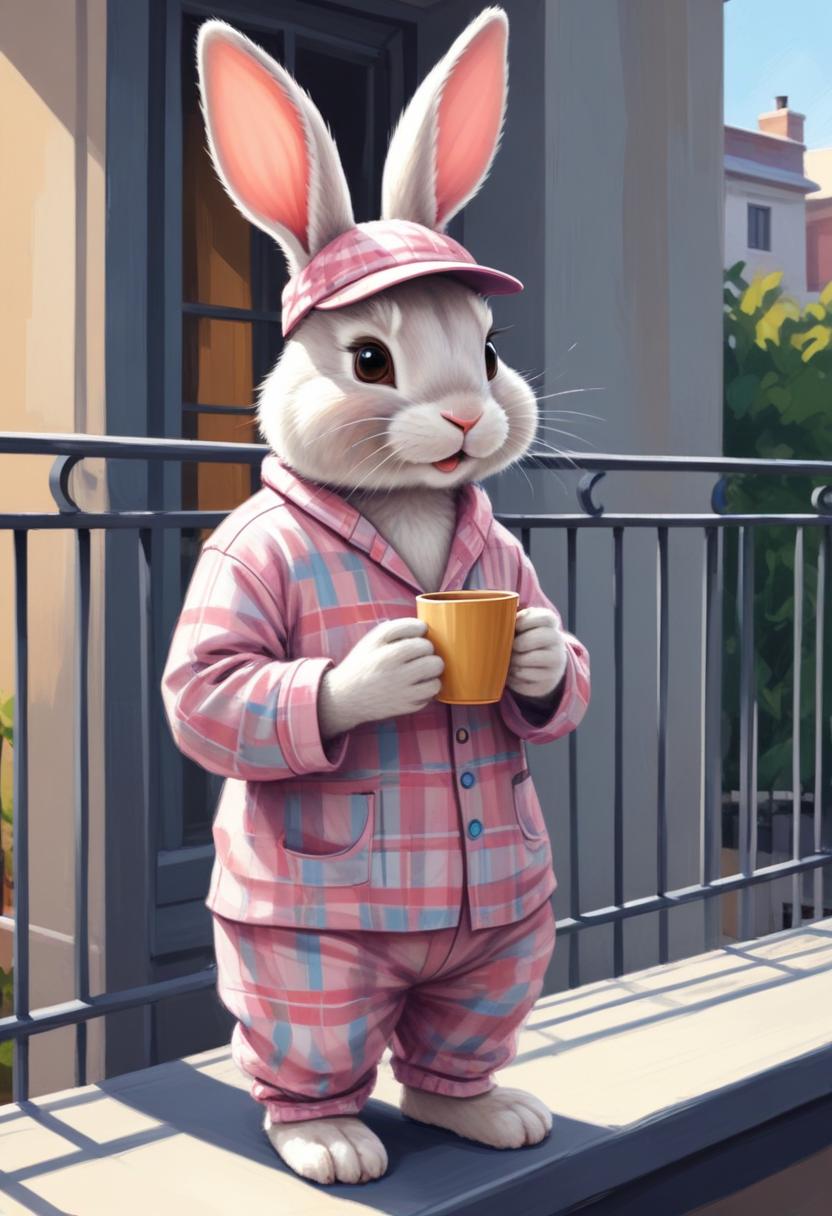 Rabbit in pajamas enjoying a morning drink outside Rabbit in pajamas enjoying a morning drink outside