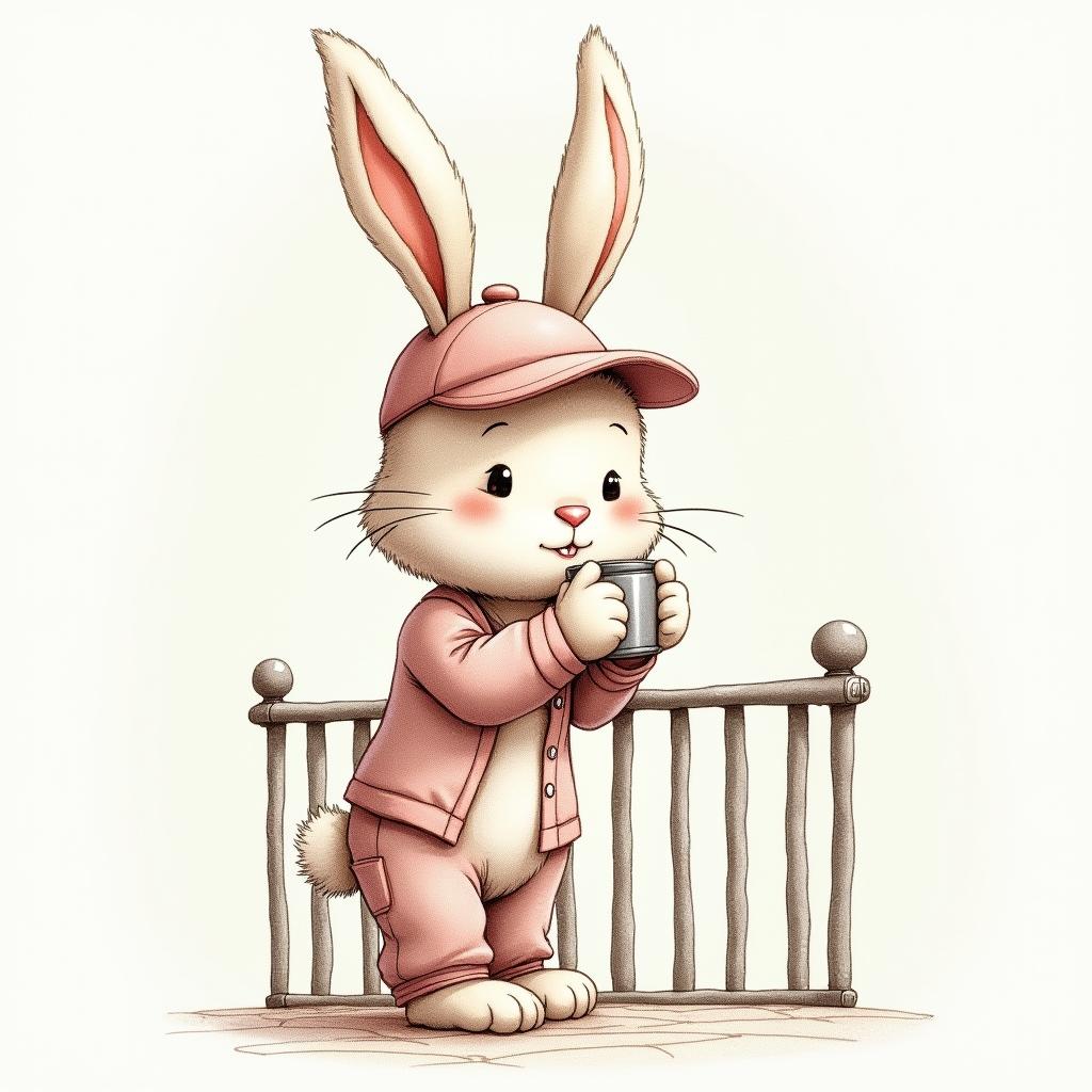 Cute bunny character enjoys a warm drink in cozy setting Cute bunny character enjoys a warm drink in cozy setting