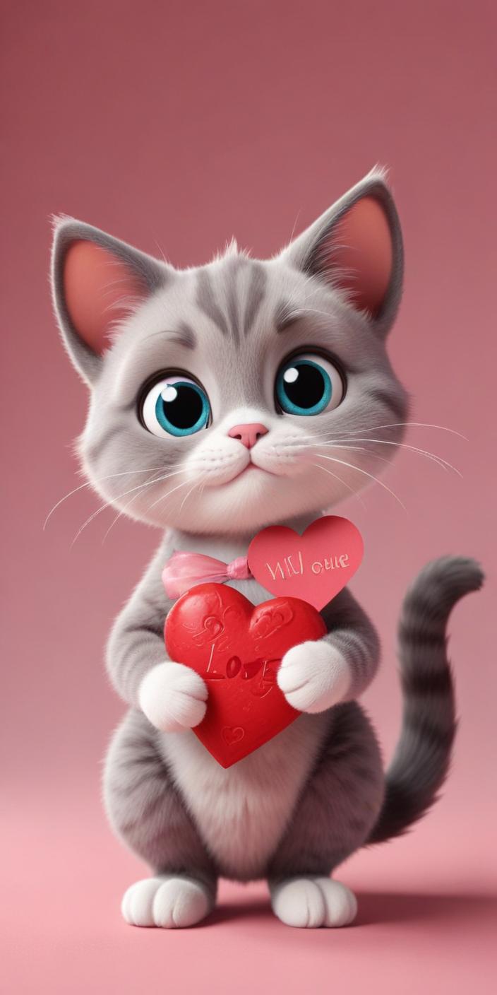 Cute gray kitten holding a red heart on pastel background Cute gray kitten holding a red heart on pastel background