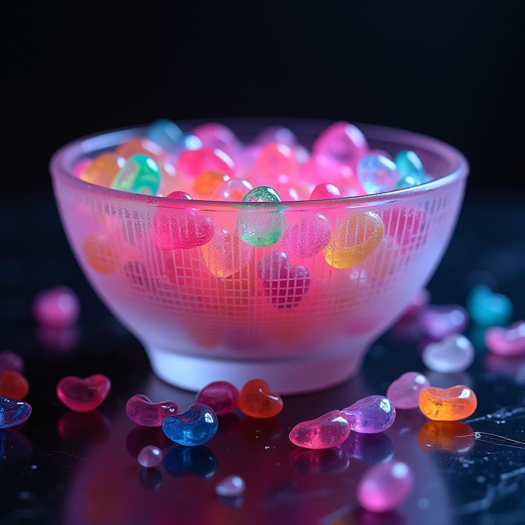 Jelly candies in a clear bowl on a dark surface Jelly candies in a clear bowl on a dark surface