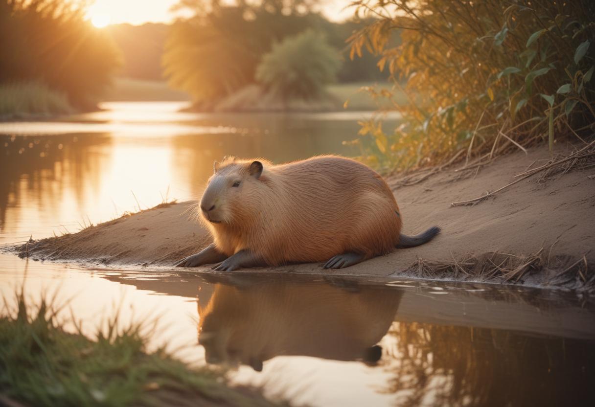 Capybara resting by the river during sunset glow Capybara resting by the river during sunset glow