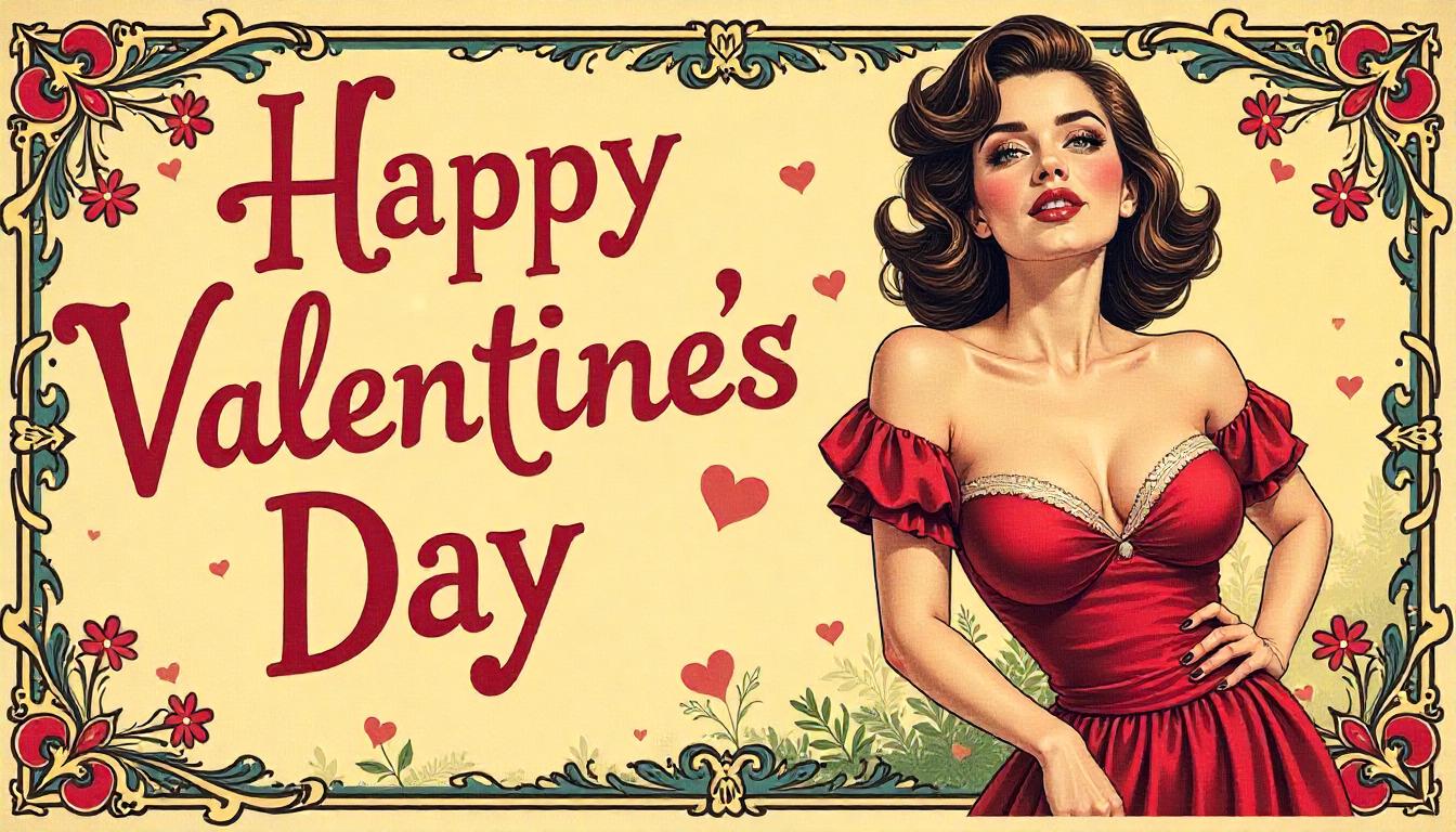 Vintage valentine's day card with a woman in red dress